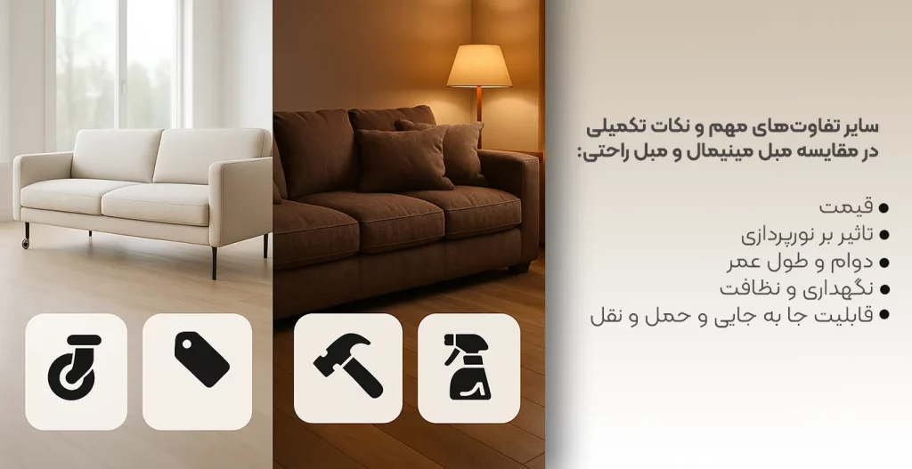 تفاوت‌های مهم و نکات تکمیلی در مقایسه مبل مینیمال و مبل راحتی