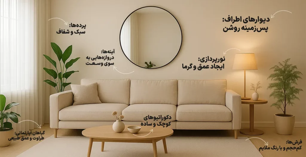نقش عناصر دکوراتیو در کنار مبل مینیمال برای بزرگتر نشان دادن فضا