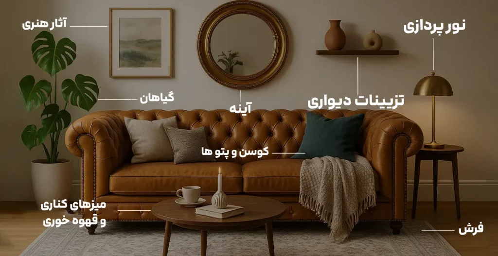 اکسسوری‌ها و دکوراسیون مکمل برای مبل چستر در فضای کوچک