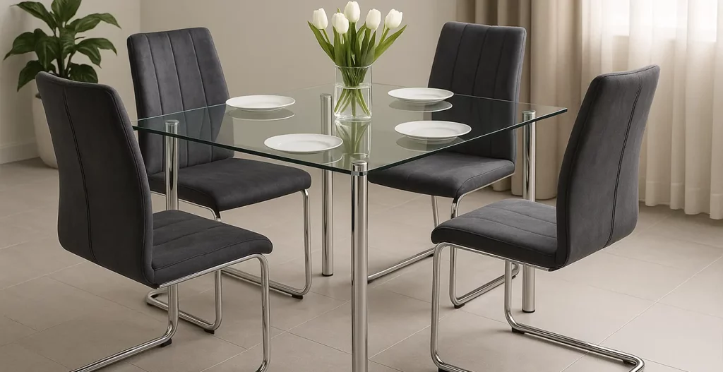 شیشه و فلز ظرافت مدرن و استحکام ساختاری در میز ناهار خوری