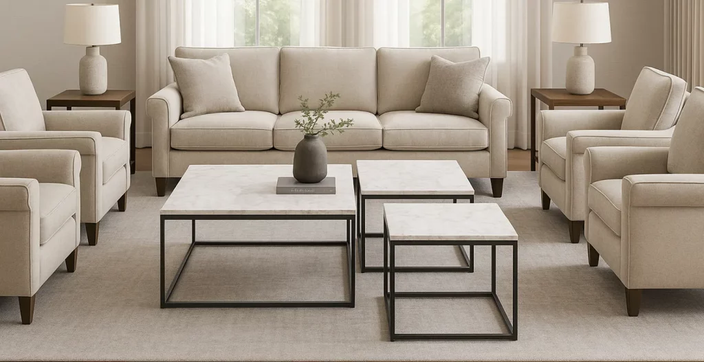 طراحی دراماتیک و اکسسوری‌های مکمل برای القای تجمل مبل راحتی 8 نفره