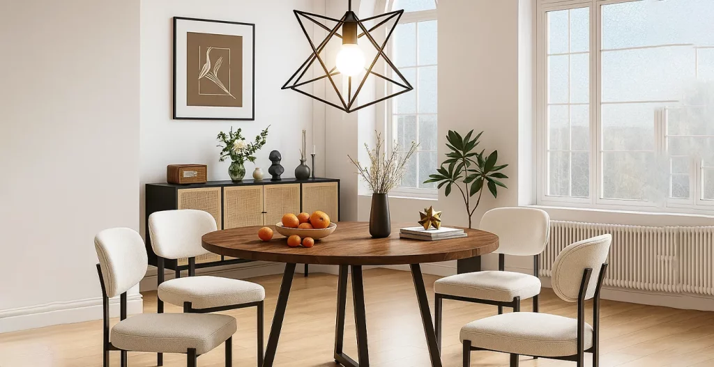 نورپردازی بالای میز تأکید بر کانونی بودن و بافت مسیز ناهار خوری مدرن