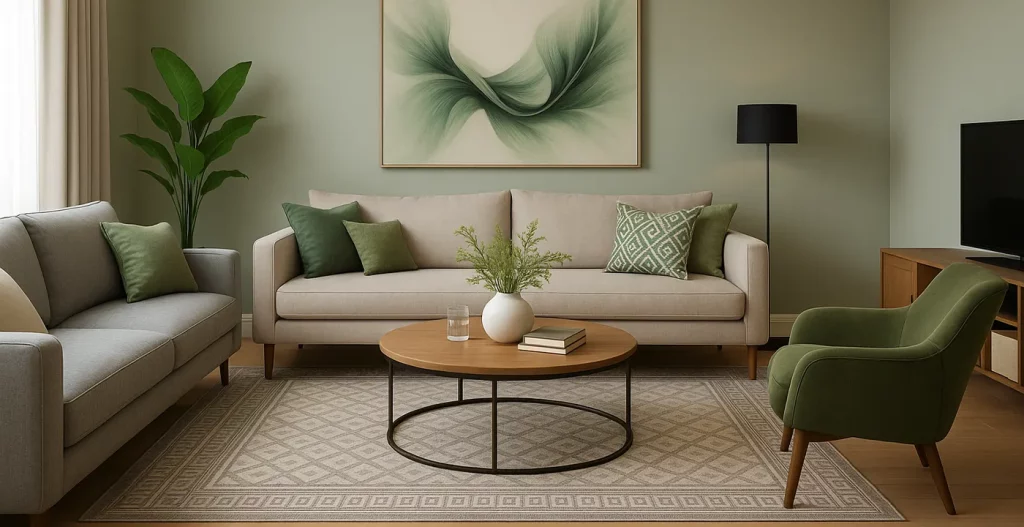 ترکیب سبز و رنگ‌های خنثی (سفید، کرم و طوسی)