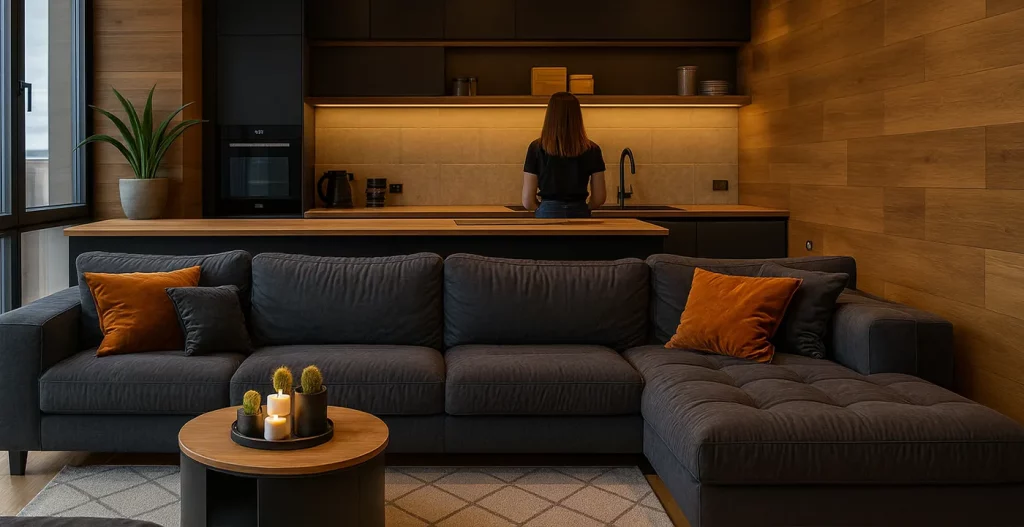 تفکیک فضای غذاخوری و نشیمن با مبل ال