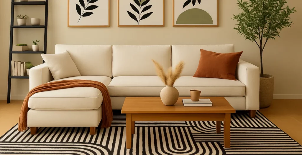 فرش سنتی و طرح‌ دار برای مبلمان کرم