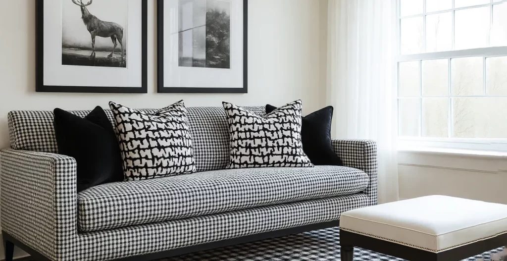 مبل طرح‌ دار با پرده ساده