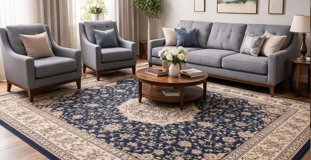 فرش سرمه ای با مبل مات