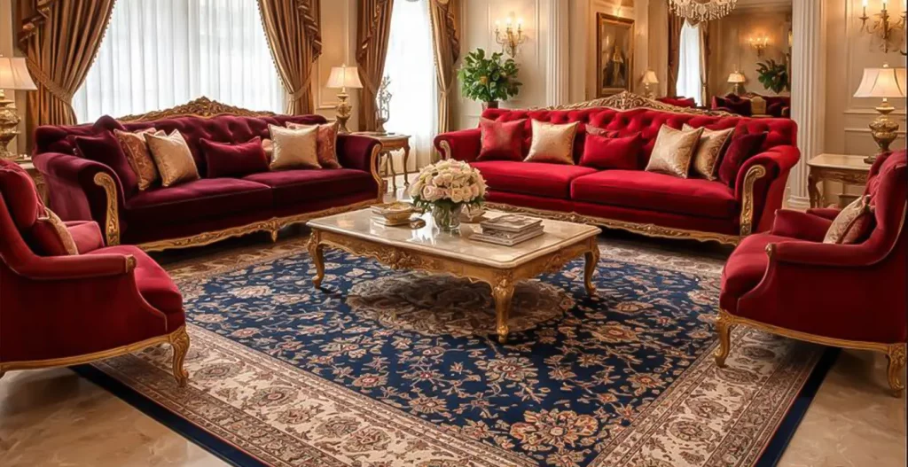 مبل زرشکی و قرمز با فرش سرمه ای