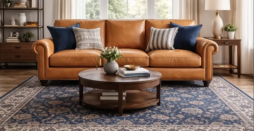 مبل چرم شتری با فرش سرمه ای