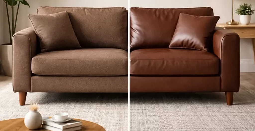 تفاوت مبل چرم و پارچه ‌ای در چیدمان قهوه‌ ای