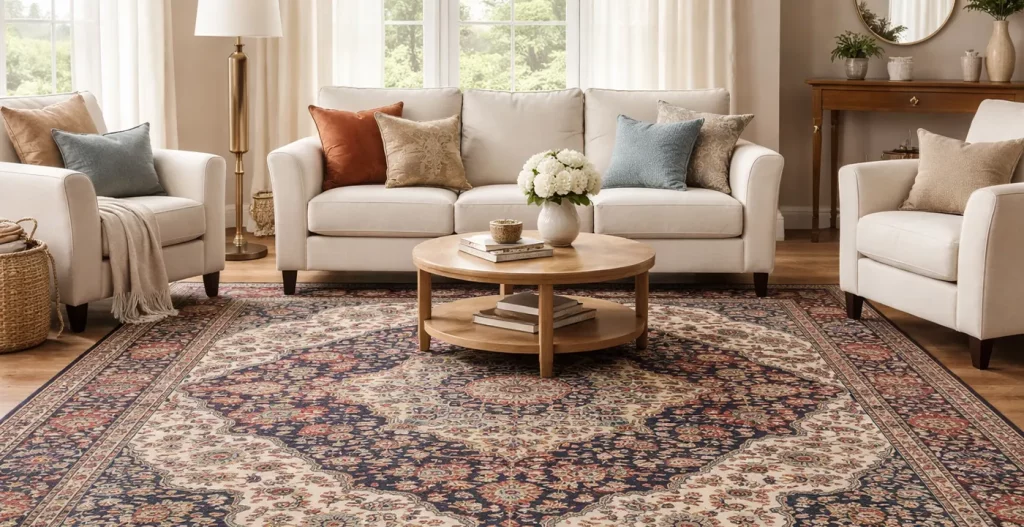 فرش شلوع با مبل روشن