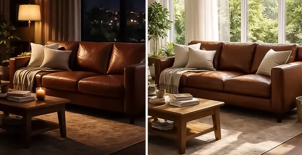 نورپردازی مهندسی‌ شده؛ مبل قهوه‌ ای در روز و شب