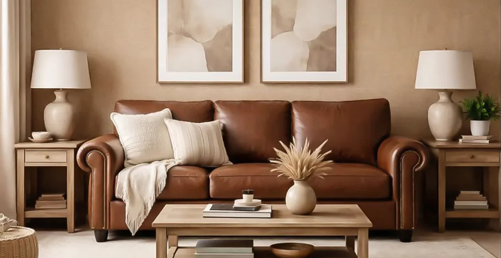 هماهنگی مبل قهوه‌ ای با فضا و رنگ دیوار ها