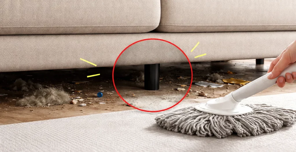 چالش نظافت؛ چگونه با وجود پایه وسط زیر مبل را تمیز کنیم