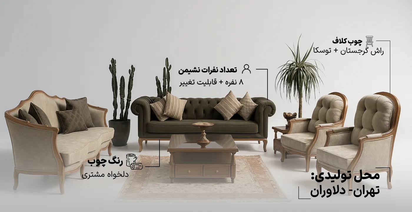 مبل کلاسیک چستر فرانسوی هلنا 8 نفره 2