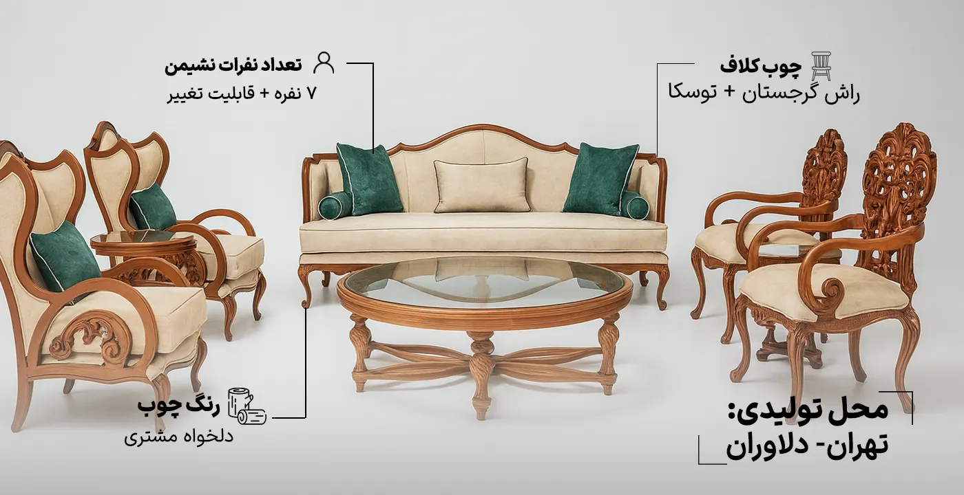 مبل کلاسیک فرانسوی کینگ منبت دار 7 نفره 2